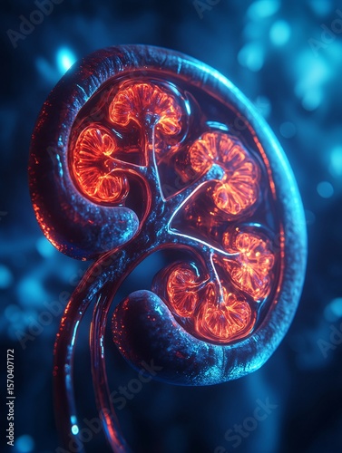 Translucent kidney model with glowing internal structures, detailed anatomical rendering.