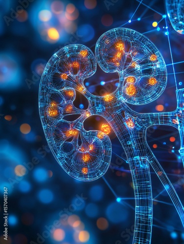 A digital representation of a human kidney, highlighting its internal structure with glowing elements.