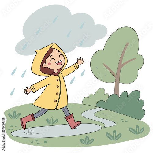 A girl in a yellow raincoat is joyfully splashing in a puddle on a rainy day with a tree and cloud behind her