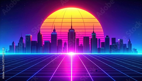 Retro Futuristic Pixel Art Cityscape Sunset