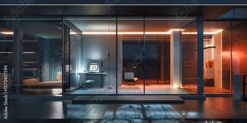 Modern Smart Home with Futuristic Design, High-Tech Glass Living Room with Digital Technology, Stylish Home Interior in Digital Future

