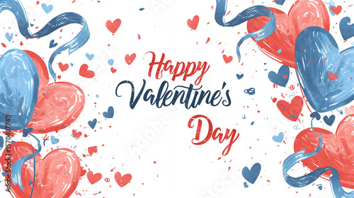  Hand-lettered 'happy valentine's day' with blue and pink hearts design element