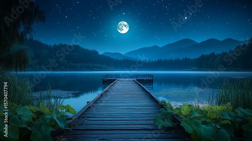Wooden pier extends into a calm lake under the full moon, serene night