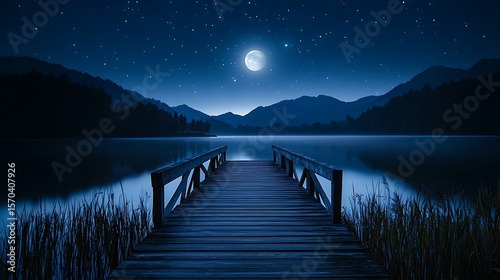 Wooden pier stretching onto a calm lake with moon and stars in the sky
