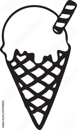 Hand-drawn Ice Cream Cone with Striped Straw:  Summery, Sweet, Black and White Illustration, Simple Design.