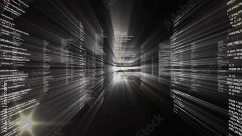 tech code streams driving camera accelerating through code tunnel and emitting star-like flare