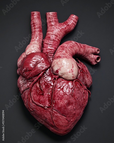 Detailed anatomical model of a human heart, showcasing its ventricles, atria, and major blood vessels.