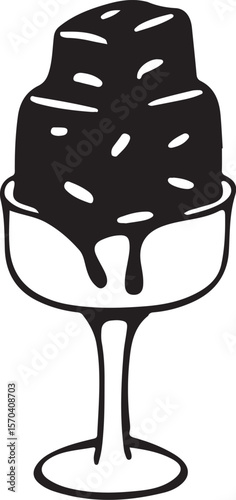 Black and white illustration of decadent dessert; layered cake in coupe glass, drizzled with chocolate, minimalist style.
