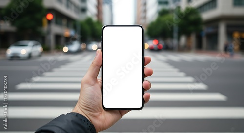 Blank phone screen mockup held by hand in crosswalk urban city, daylight street style concept.