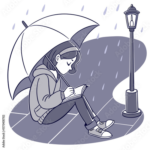 Girl sitting under umbrella writing in a book next to a lamppost in the rain on a tiled surface
