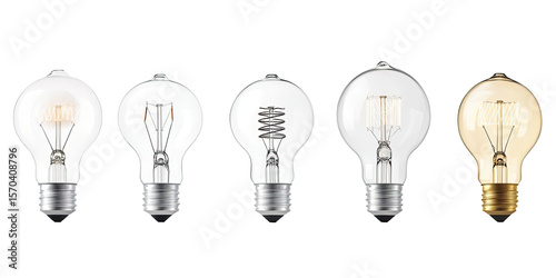 Five incandescent light bulbs, varying in color temperature