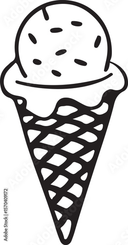 Hand-drawn Ice Cream Cone: Black and White, Simple, Summery Dessert Illustration.