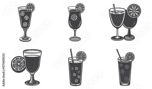 Engraving Style Silhouette of Tall Stemmed Glass with Refreshing Cocktail Beverage and Decorative Details