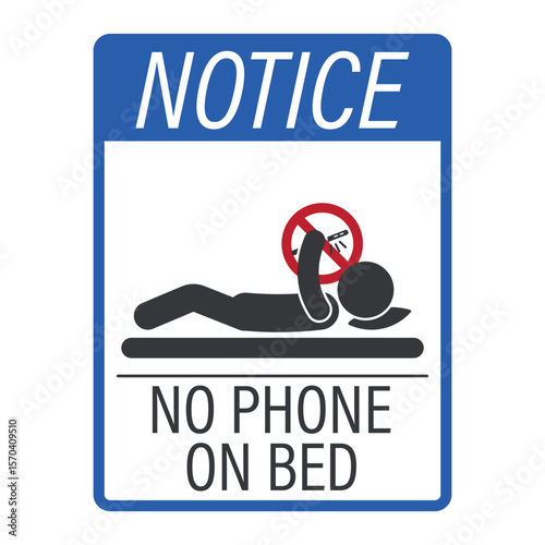 Isolated prohibition sign of a person using smartphone while lying down, symbolizing bad habit, laziness, unproductive behavior, and poor digital lifestyle routine.