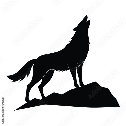 Silhouette of a Howling Wolf Standing on a Rocky Outcrop Against a White Background Expressing Loneliness and Wilderness