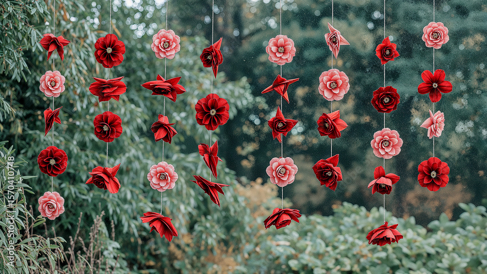 Fototapeta premium Vibrant red and pink paper flowers hanging decor