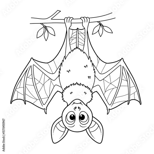 A cartoon bat hangs upside down from a leafy branch with wide wings and large, curious eyes, styled in a cute and whimsical black-and-white illustration.