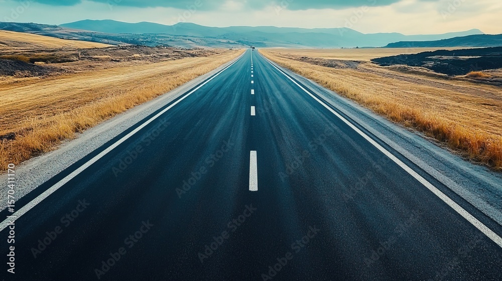 Naklejka premium A cinematic drone view of an asphalt paving project, showcasing smooth black roads stretching into the distance