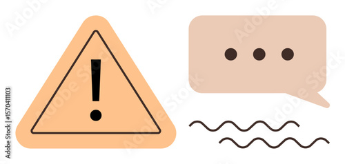 Warning sign with exclamation mark alongside a speech bubble containing ellipsis dots above wavy lines. Ideal for caution, alert, warning, feedback, communication, advice, information-sharing. Simple