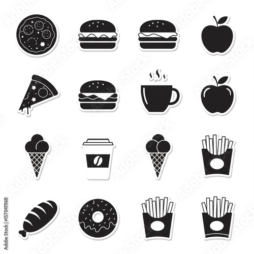 This vector set offers a comprehensive collection of food and drink icons, featuring symbols for fast food, coffee, pizza, and dessert perfect for restaurant menus and kitchen designs