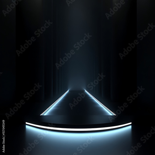 A dark hallway with a series of blue lights on the floor
