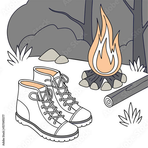 Illustration of camping boots near a campfire with wood and rocks in a forest setting outdoors