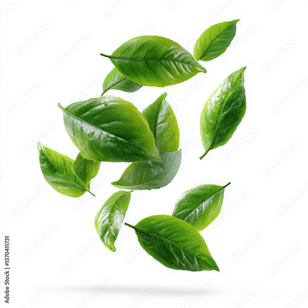 Obraz premium Dancing Leaves: A captivating capture of verdant leaves suspended mid-air, exuding a feeling of freshness and vitality against the backdrop of a bright scene.