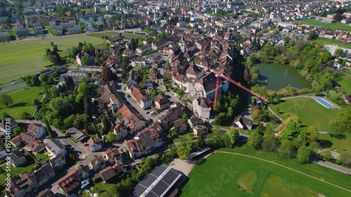 Aerial view around the old town and monastery of the city Wil in switzerland on a sunny summer day