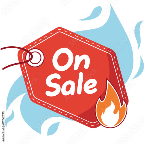 A red sale tag with the words on sale on it and a flame at the bottom with blue water droplets around it