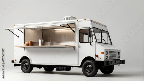 Mockup of white food truck with an open window with blank space on the side on a plain white background. , isolated on white background, , copy space, copy space for text.