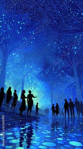Silhouetted figures under luminous blue trees reflecting in water