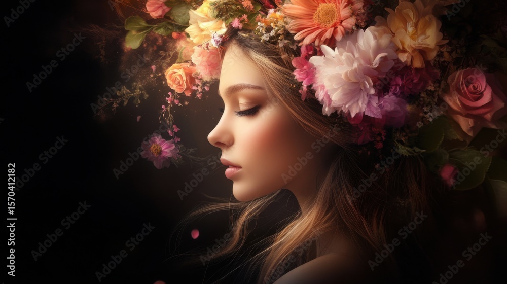 Fototapeta premium Beautiful Profile of a Woman Surrounded by Colorful Floral Arrangement