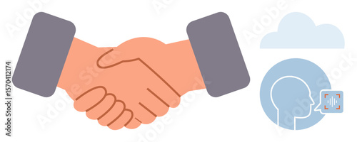 Handshake symbolizes partnership, with voice recognition and cloud elements emphasizing innovation, collaboration, and technology. Ideal for teamwork, trust, digital transformation, networking, AI