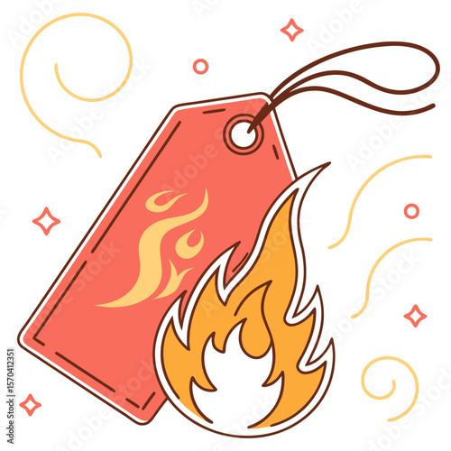 Illustration of a red tag with flame design and a separate flame graphic on a white background design