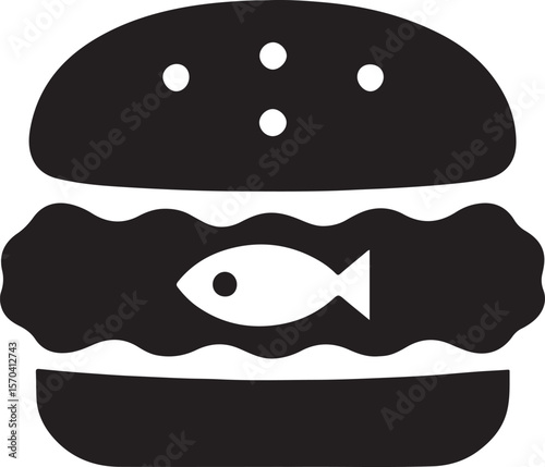 Silhouette vector of a fish fillet sandwich icon, ideal for seafood fast food menus and restaurant branding design.