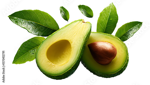 Flying in the air Whole and halved avocado with leaves isolated on transparent background.
