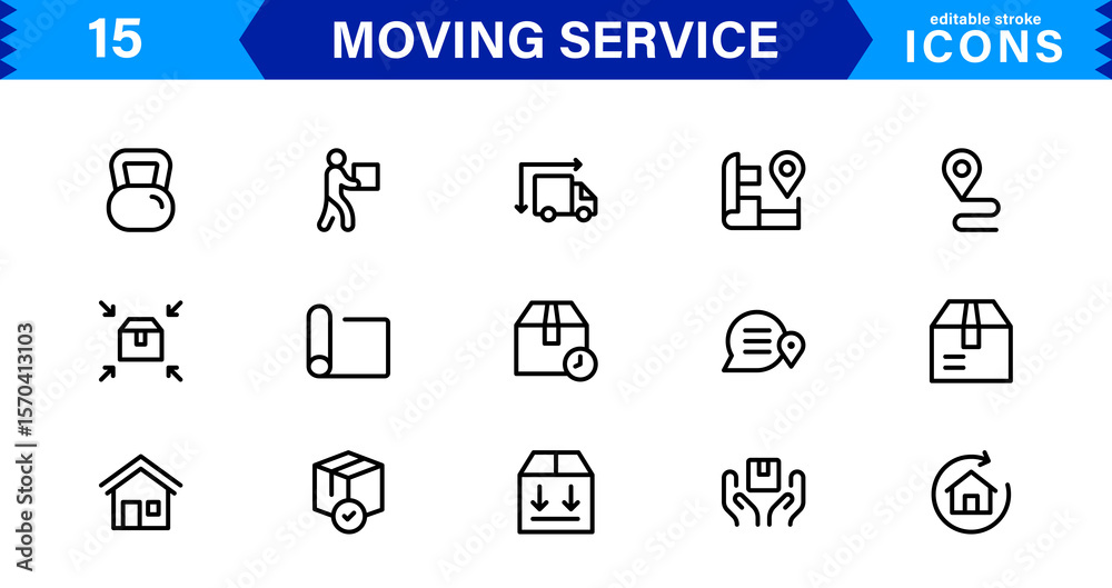 Fototapeta premium Vector Icon Set for Moving Services with Transportation, Packaging, and Storage Symbols Designed in Clean Line Style