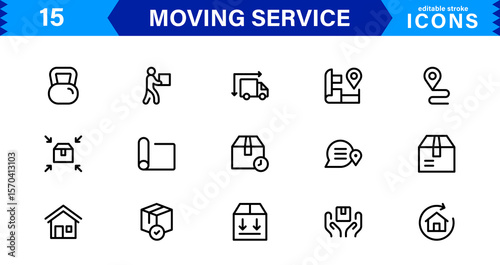Vector Icon Set for Moving Services with Transportation, Packaging, and Storage Symbols Designed in Clean Line Style
