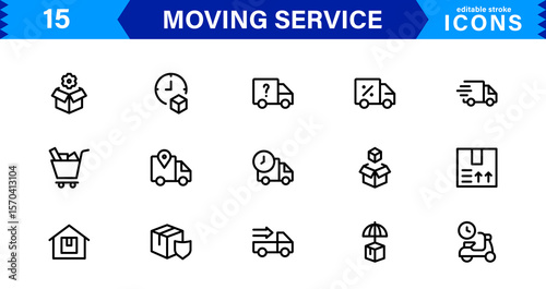 Vector Icon Set for Moving Services with Transportation, Packaging, and Storage Symbols Designed in Clean Line Style