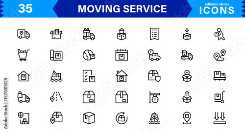 Vector Icon Set for Moving Services with Transportation, Packaging, and Storage Symbols Designed in Clean Line Style