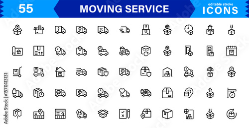 Vector Icon Set for Moving Services with Transportation, Packaging, and Storage Symbols Designed in Clean Line Style