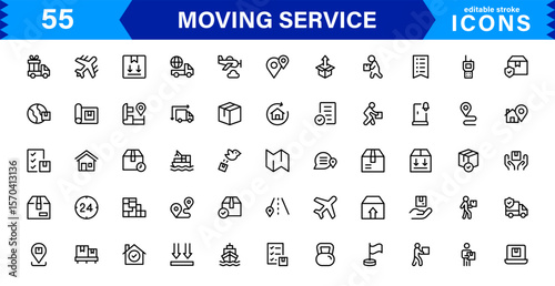 Vector Icon Set for Moving Services with Transportation, Packaging, and Storage Symbols Designed in Clean Line Style