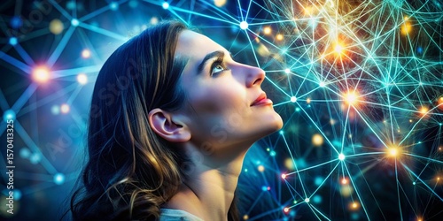 Woman Gazing Upward, Glowing Neural Network, Synaptogenesis, Neurocognitive Enhancement, Future of Intelligence
