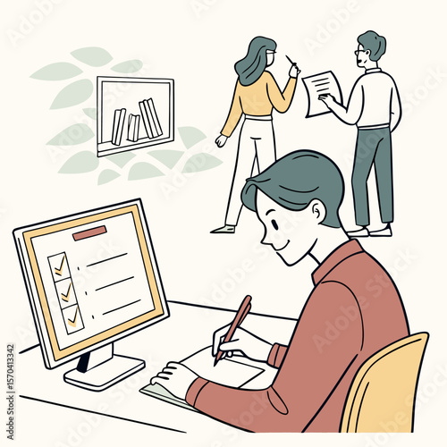 A man completing a checklist on a computer while colleagues discuss documents in a collaborative office space