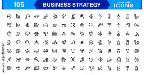 Business Strategy Icon Set Representing Growth, Planning, Success, Analytics, and Leadership in a Clean, Professional, and Market-Ready Vector Style