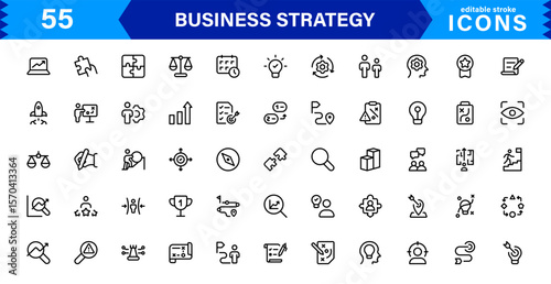 Business Strategy Icon Set Representing Growth, Planning, Success, Analytics, and Leadership in a Clean, Professional, and Market-Ready Vector Style