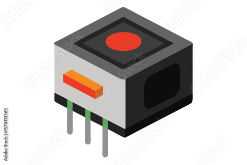 Isometric illustration of a compact electronic component with a red indicator light