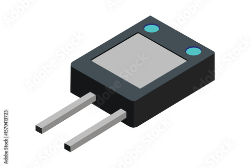 Isometric illustration of a black electronic component with two pins and blue indicator lights