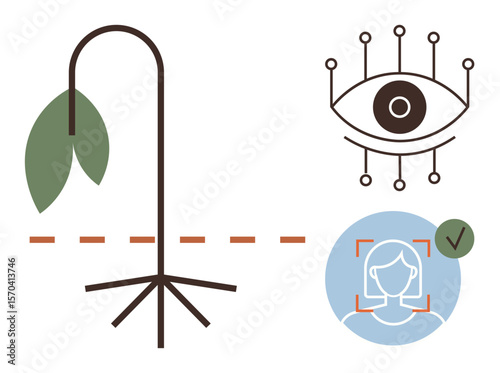 Wilting plant, stylized eye with digital elements, face recognition icon. Ideal for sustainability, ecosystem loss, surveillance, privacy, identity human impact digital ethics. Minimalist flat