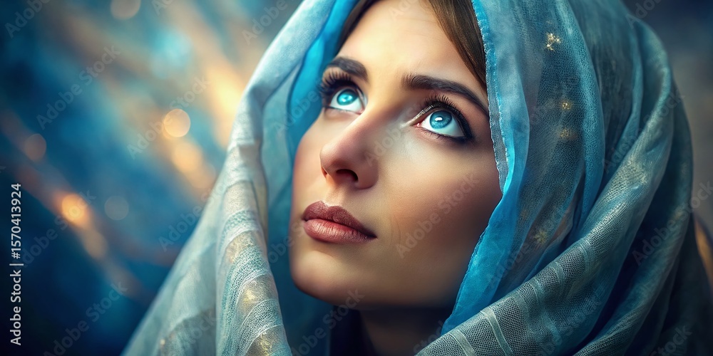 Naklejka premium Woman Praying, Blue Eyes, Veil, Biblical, Faith, Hope, Spiritual Portrait
